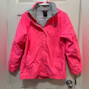 Girls' The North Face HyVent rain jacket in a vibrant neon pink